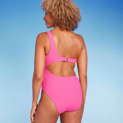 Women's Ribbed One Shoulder Cut Out One Piece Swimsuit - Shade & Shore™ 3 Women's Ribbed One Shoulder Cut Out One Piece Swimsuit - Shade & Shore™ - Image 3