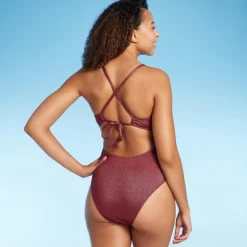 Shade & Shore 19 Women's Monokini Plunge Cut Out High Leg Lurex One Piece Swimsuit - Shade & Shoreâ„¢ Burgundy