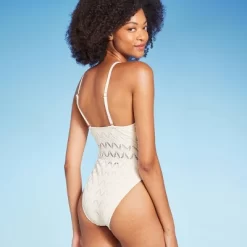 Shade & Shore 11 Women's High Neck Crochet Extra High Leg One Piece Swimsuit - Shade & Shoreâ„¢ Off-White